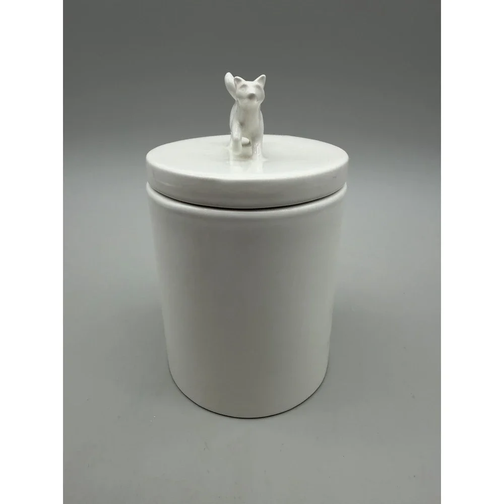 West Elm White Ceramic Canister w/ Dog Lid – Modern Kitchen Storage Jar